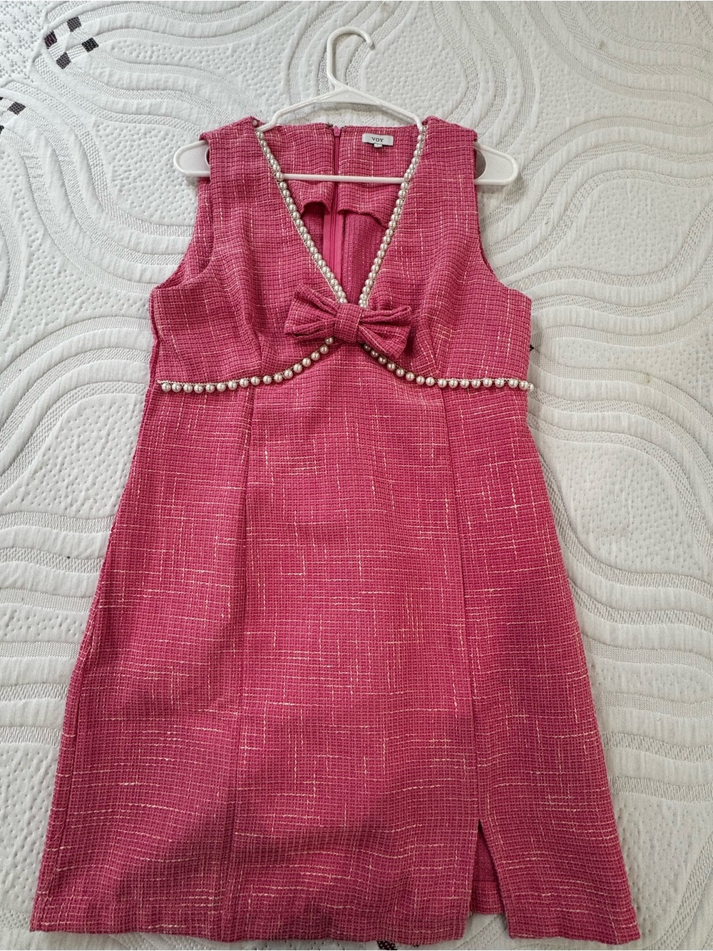 Pearl-Trim Fuchsia Bow Mini Dress